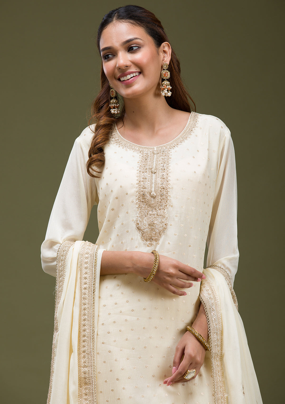 Beige Cording Chinon Readymade salwar suit