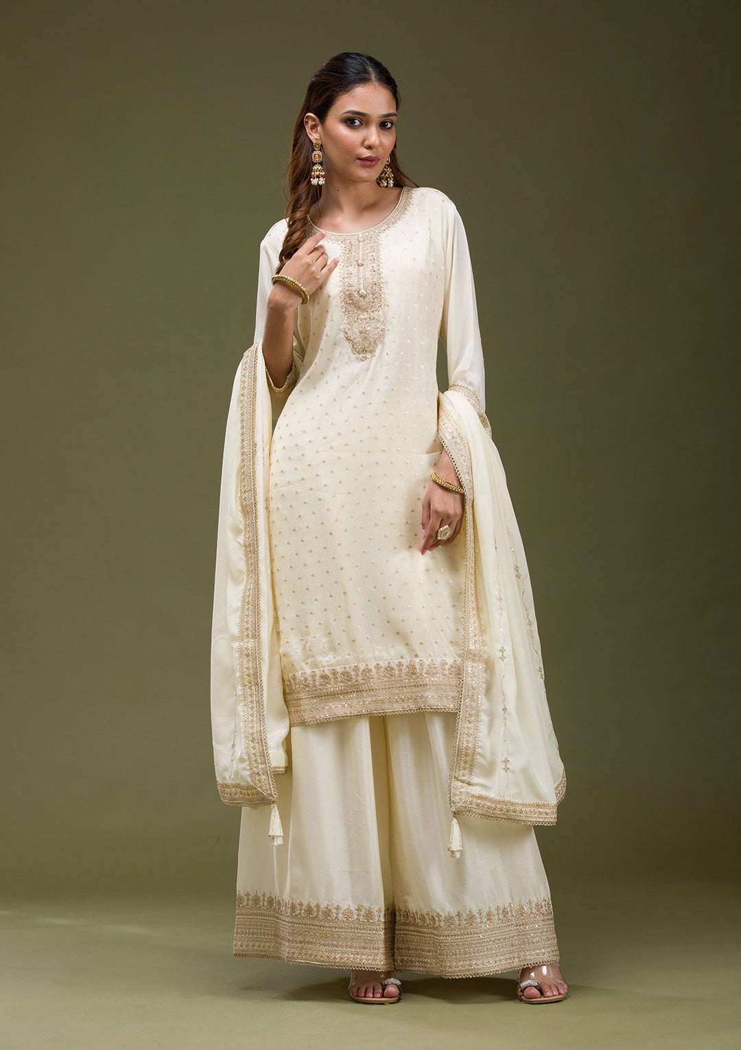 Beige Cording Chinon Readymade salwar suit