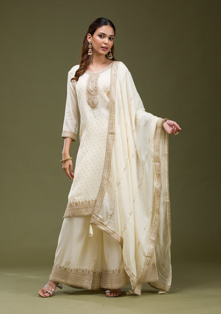 Beige Cording Chinon Readymade salwar suit
