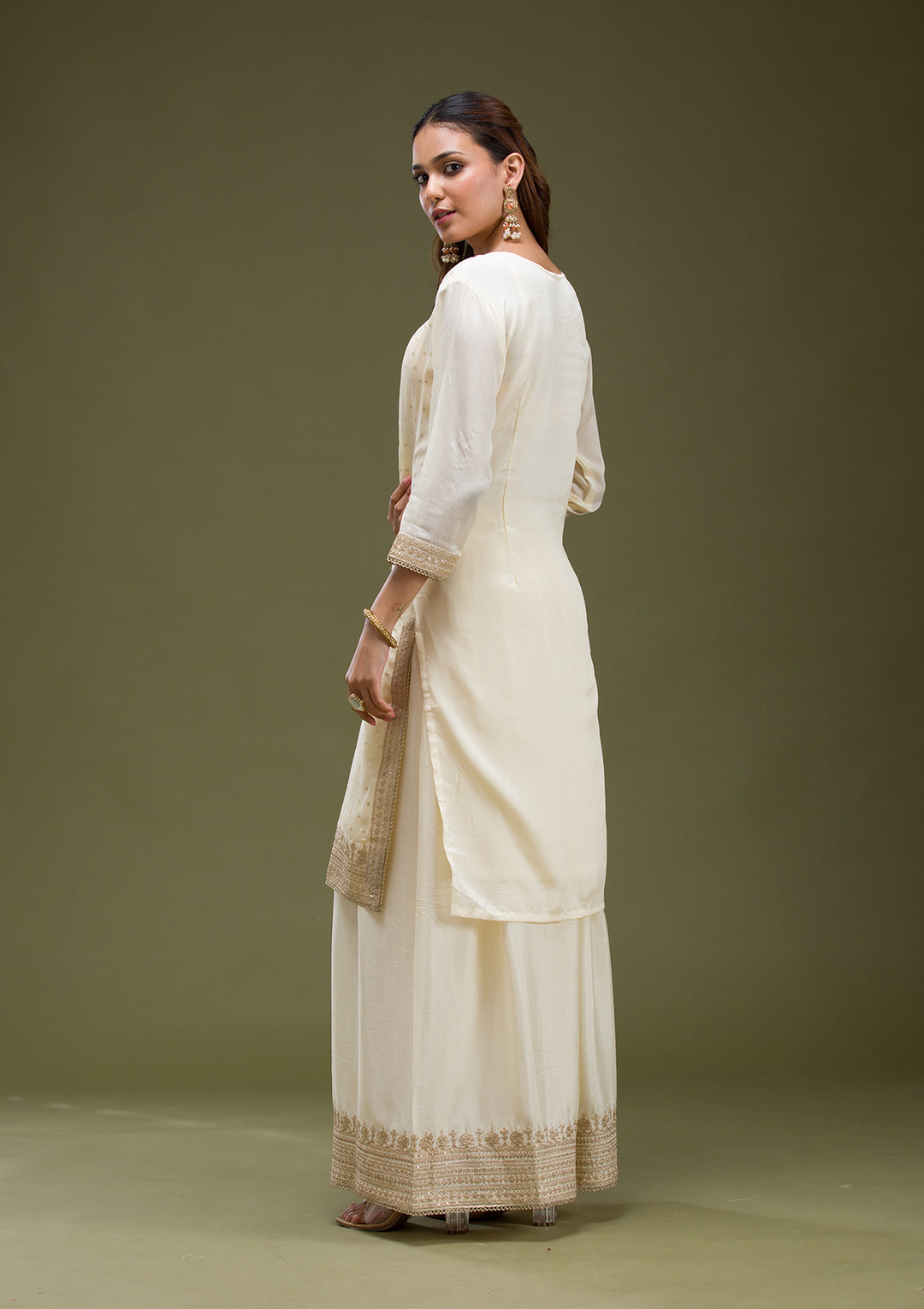 Beige Cording Chinon Readymade salwar suit