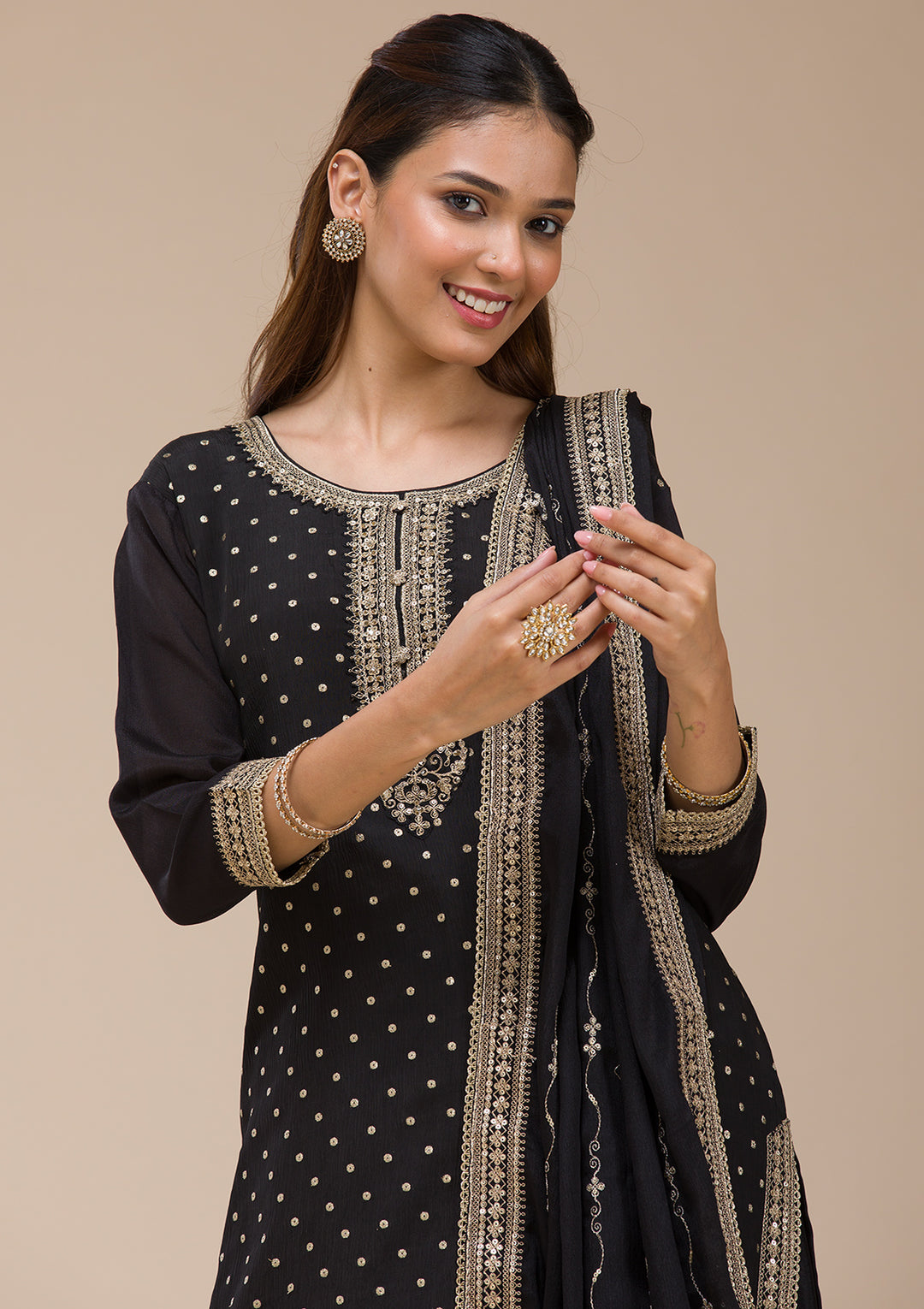 Black Cording Chinon Readymade salwar suit