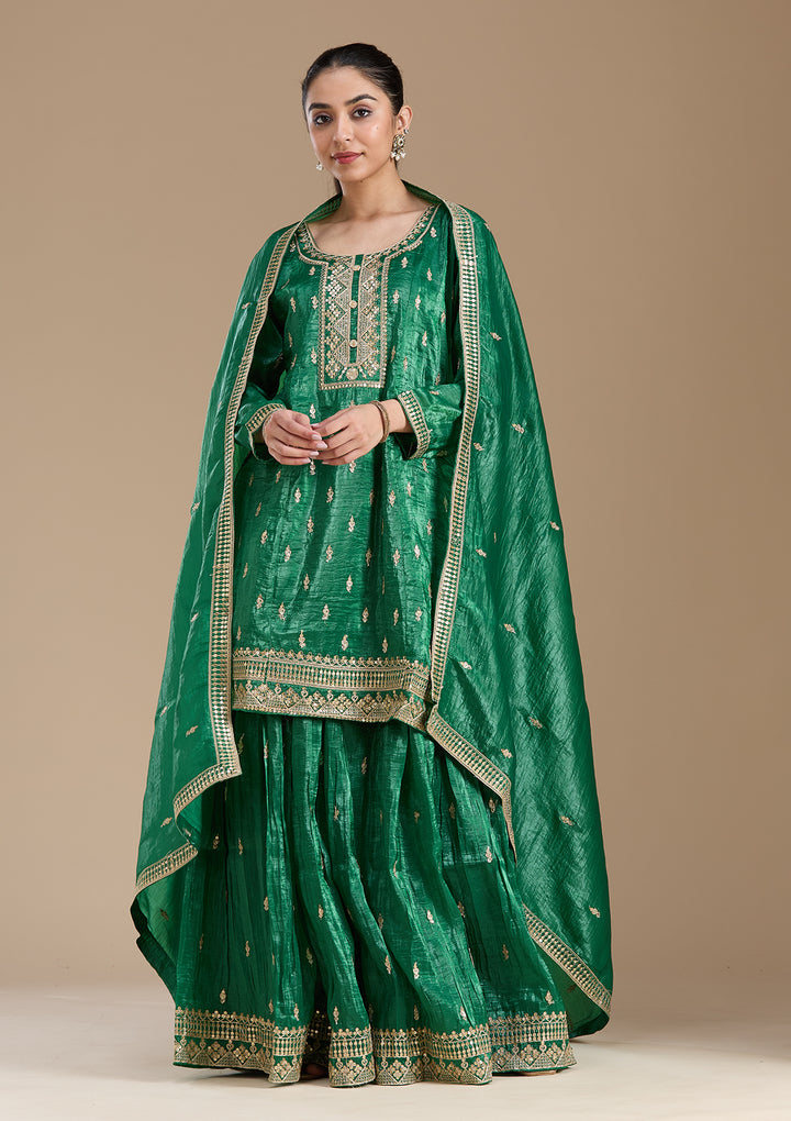 Bottle Green Zariwork (Gold) Soft Raw Silk Readymade Salwar Suit