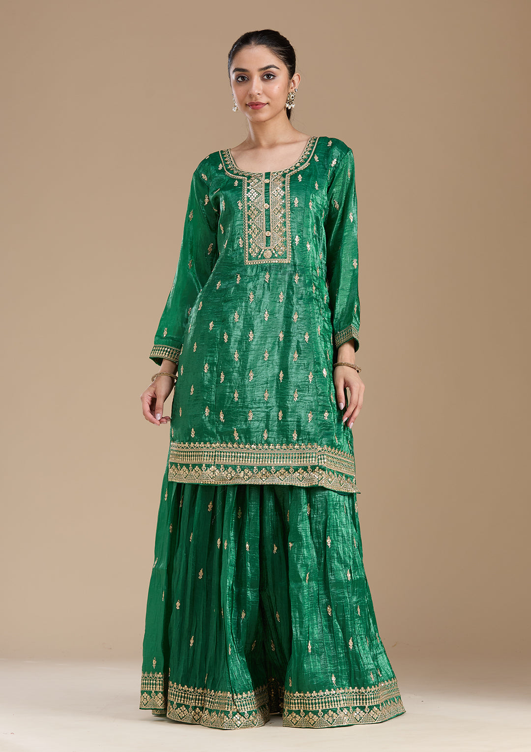 Bottle Green Zariwork (Gold) Soft Raw Silk Readymade Salwar Suit