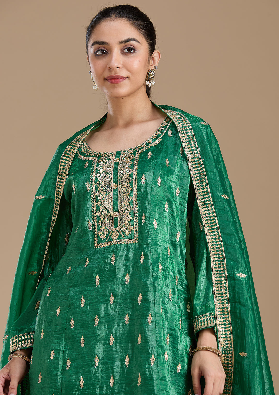 Bottle Green Zariwork (Gold) Soft Raw Silk Readymade Salwar Suit