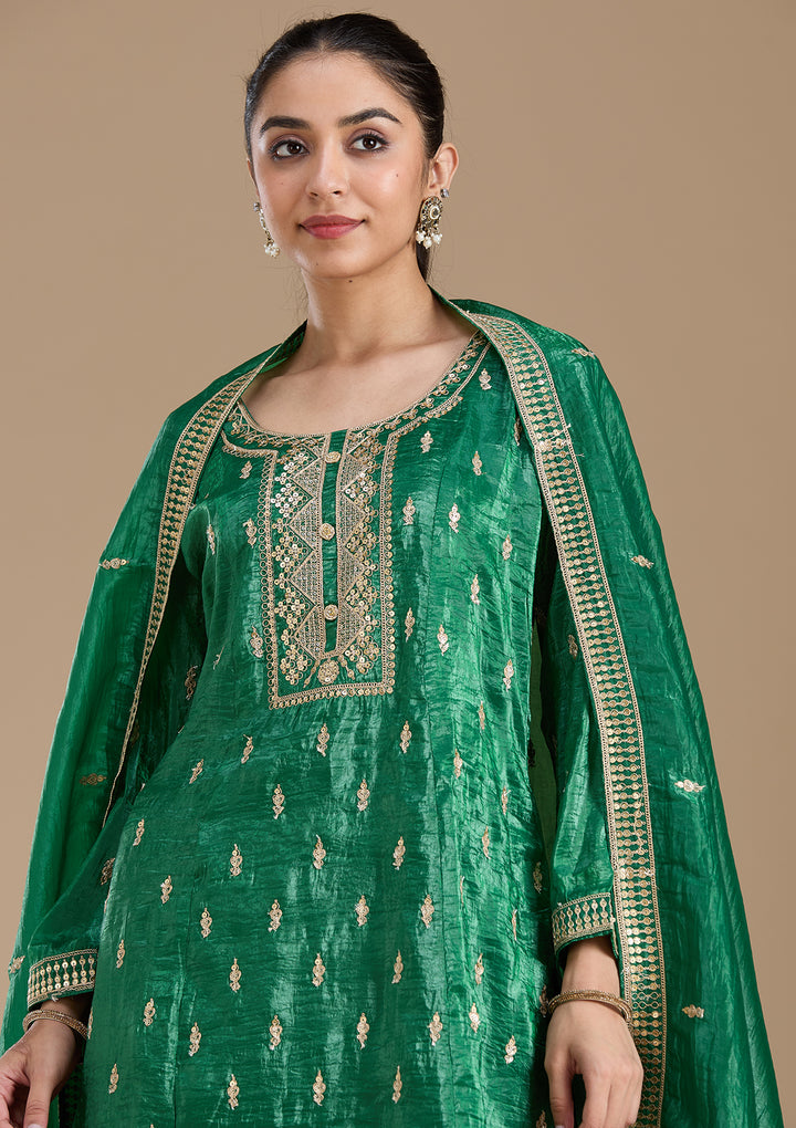 Bottle Green Zariwork (Gold) Soft Raw Silk Readymade Salwar Suit