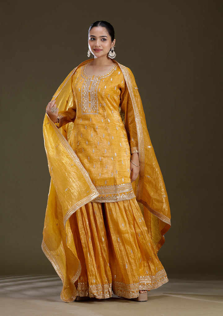Mustard Yellow Zariwork (Gold) Soft Raw Silk Readymade Salwar Suit