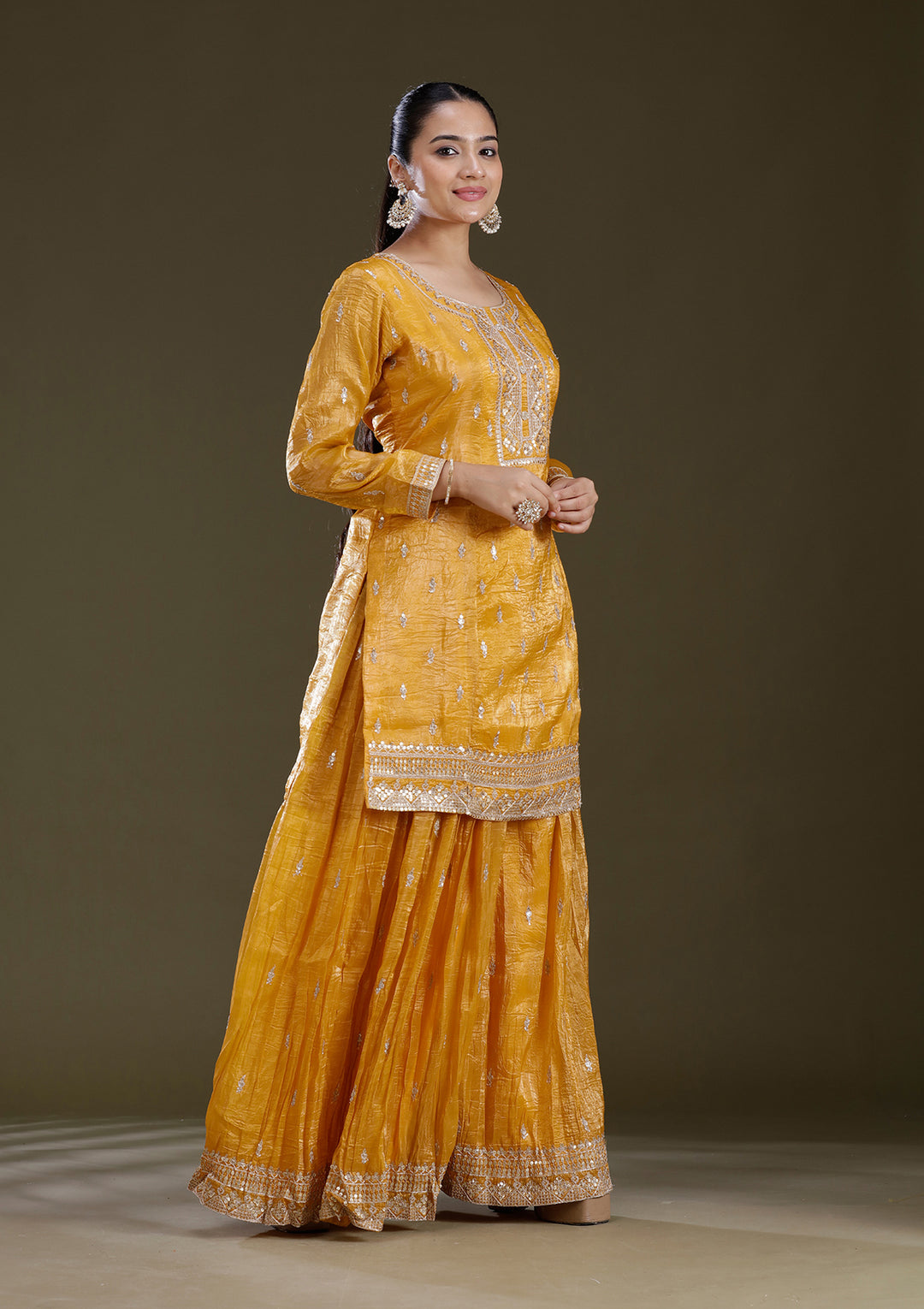 Mustard Yellow Zariwork (Gold) Soft Raw Silk Readymade Salwar Suit