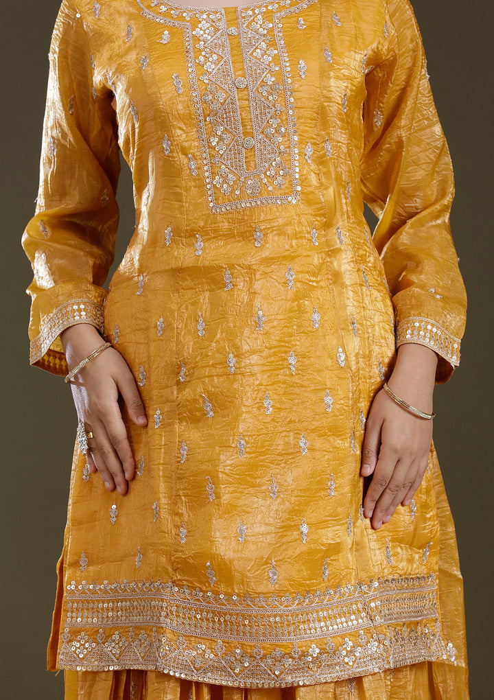 Mustard Yellow Zariwork (Gold) Soft Raw Silk Readymade Salwar Suit