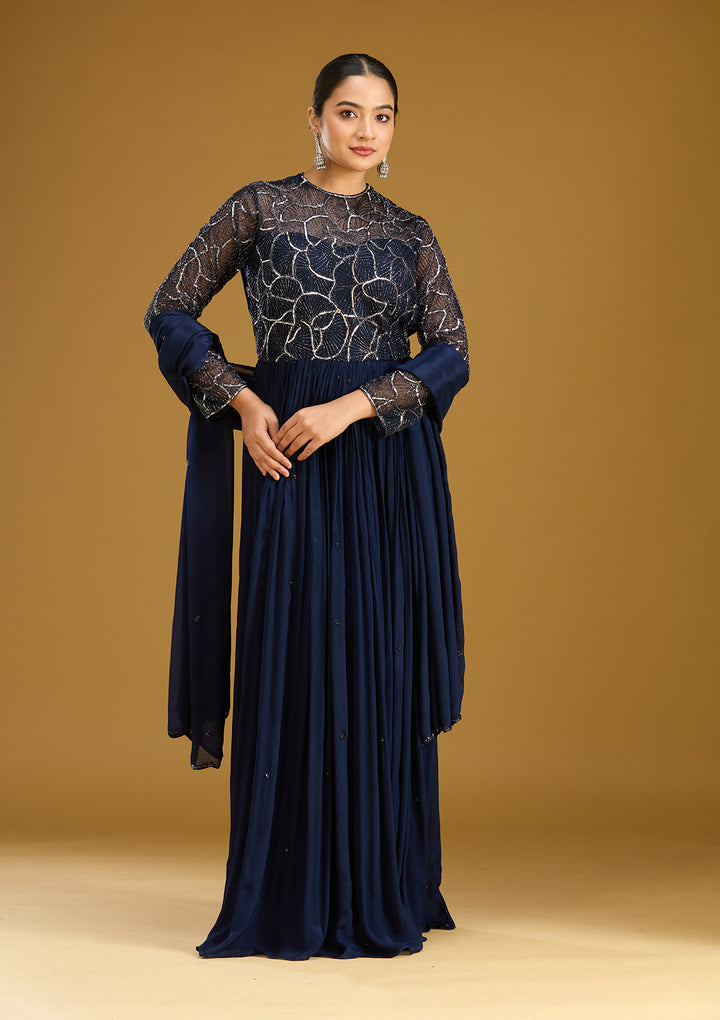 Navy Blue Sequins Satin Readymade Salwar Suit
