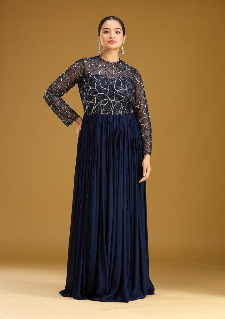 Navy Blue Sequins Satin Readymade Salwar Suit