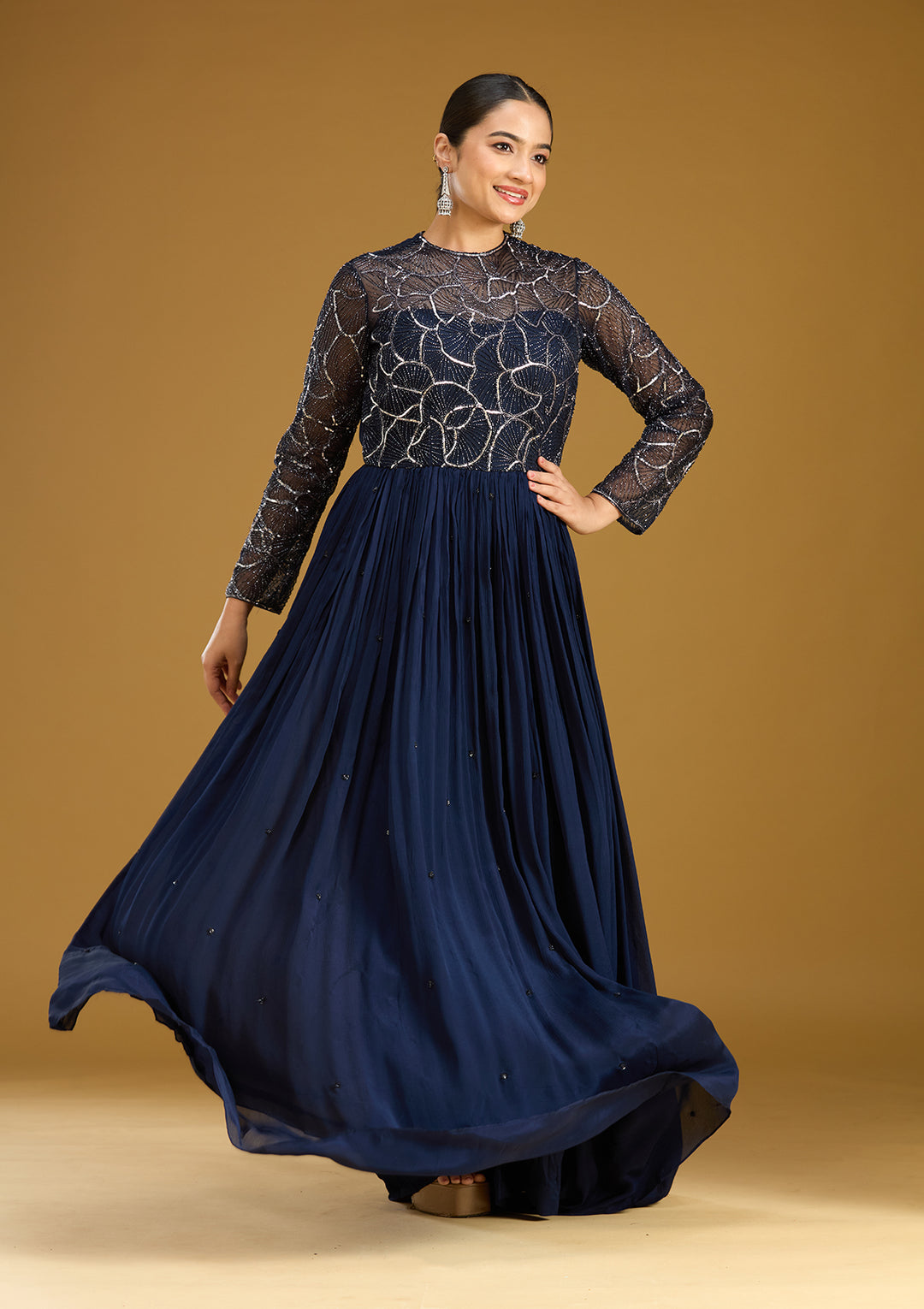 Navy Blue Sequins Satin Readymade Salwar Suit