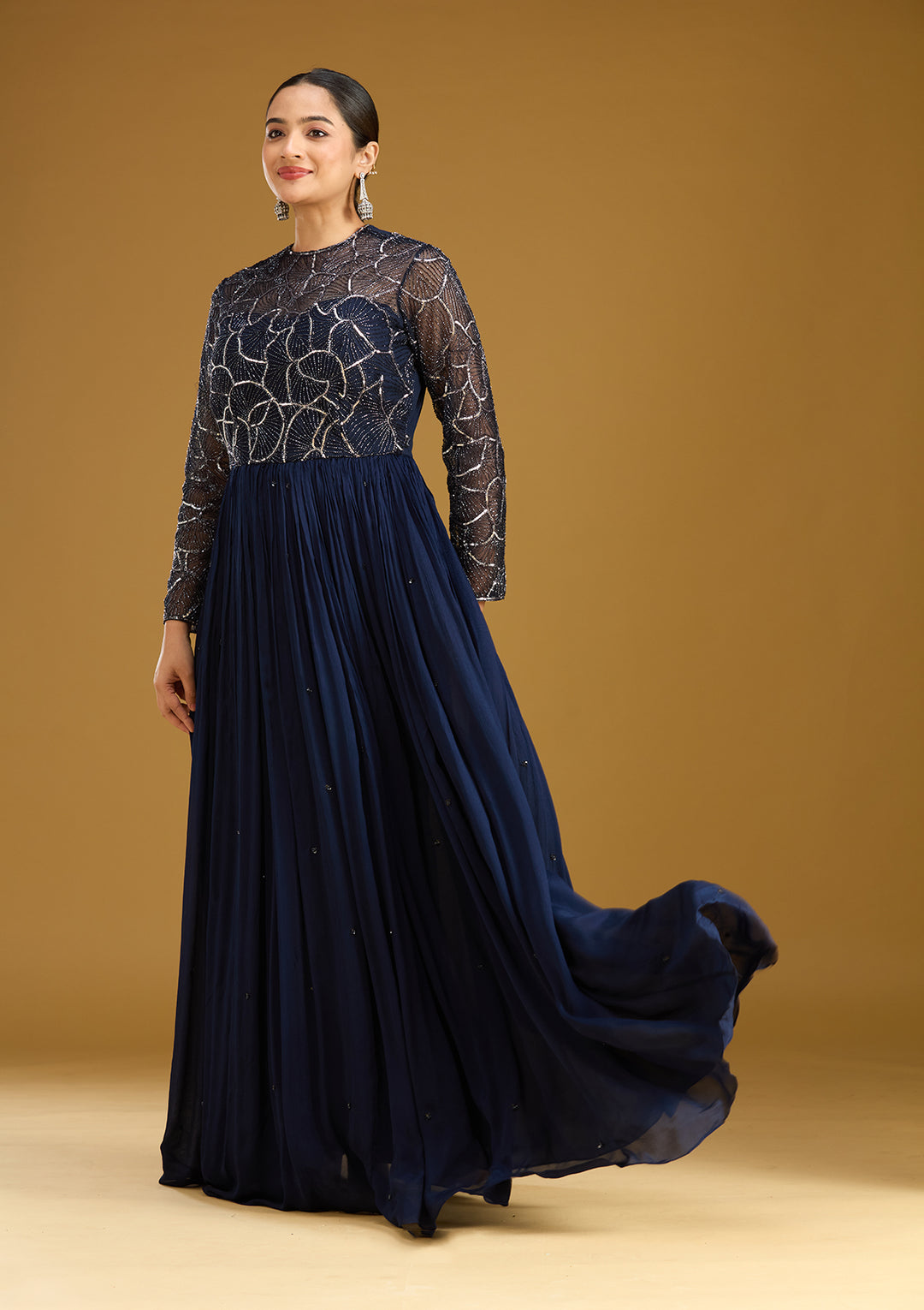 Navy Blue Sequins Satin Readymade Salwar Suit