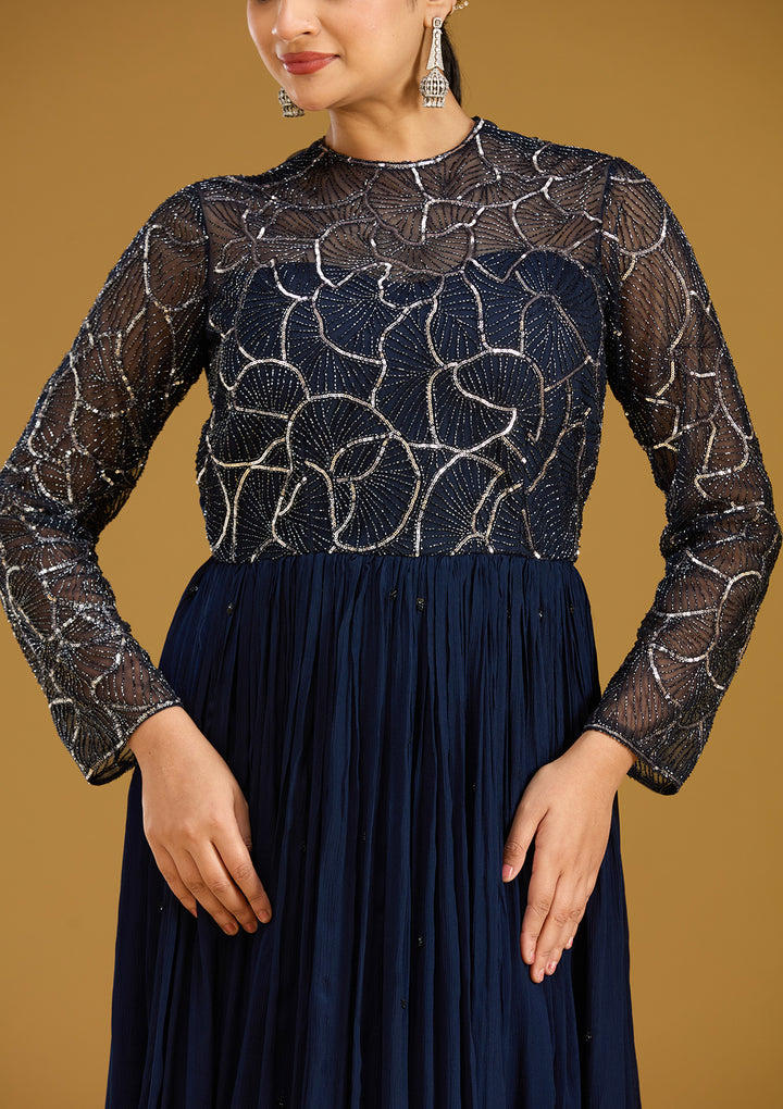 Navy Blue Sequins Satin Readymade Salwar Suit