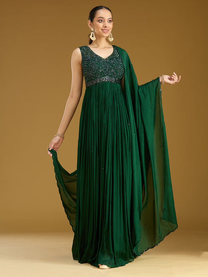 Bottle Green Sequins Satin Readymade Salwar Suit