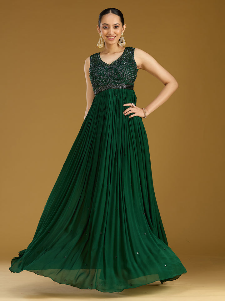 Bottle Green Sequins Satin Readymade Salwar Suit