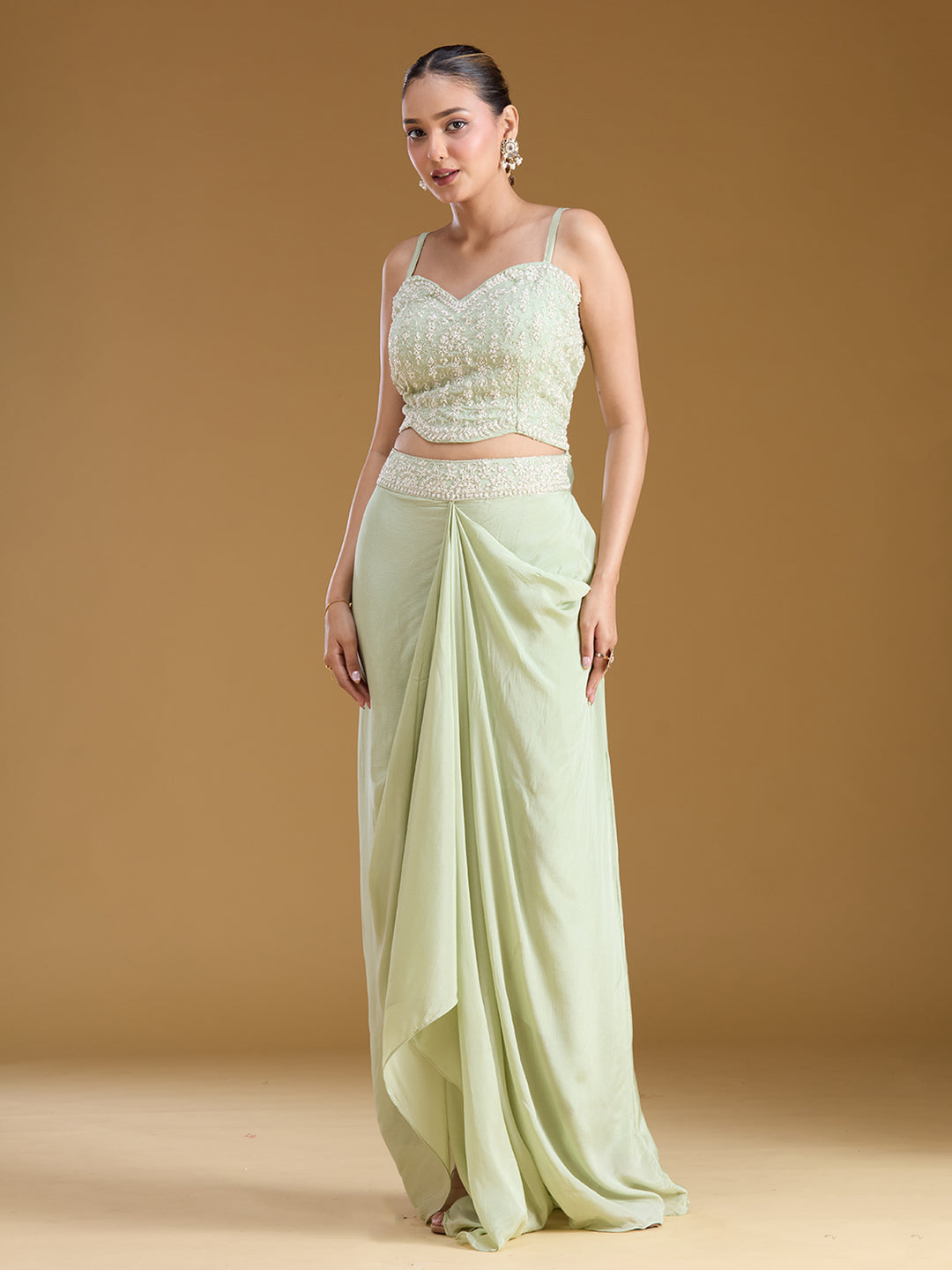 Pista Green Cutdana Tissue Readymade Salwar Suit