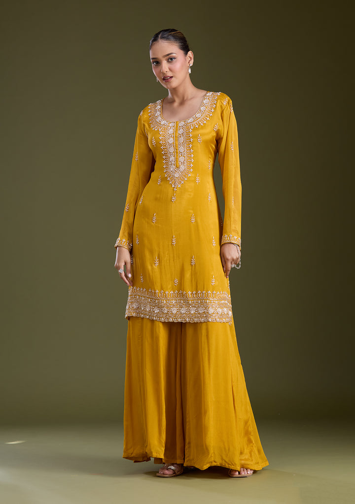 Mustard Yellow Sequins Soft Raw Silk Readymade Salwar Suit