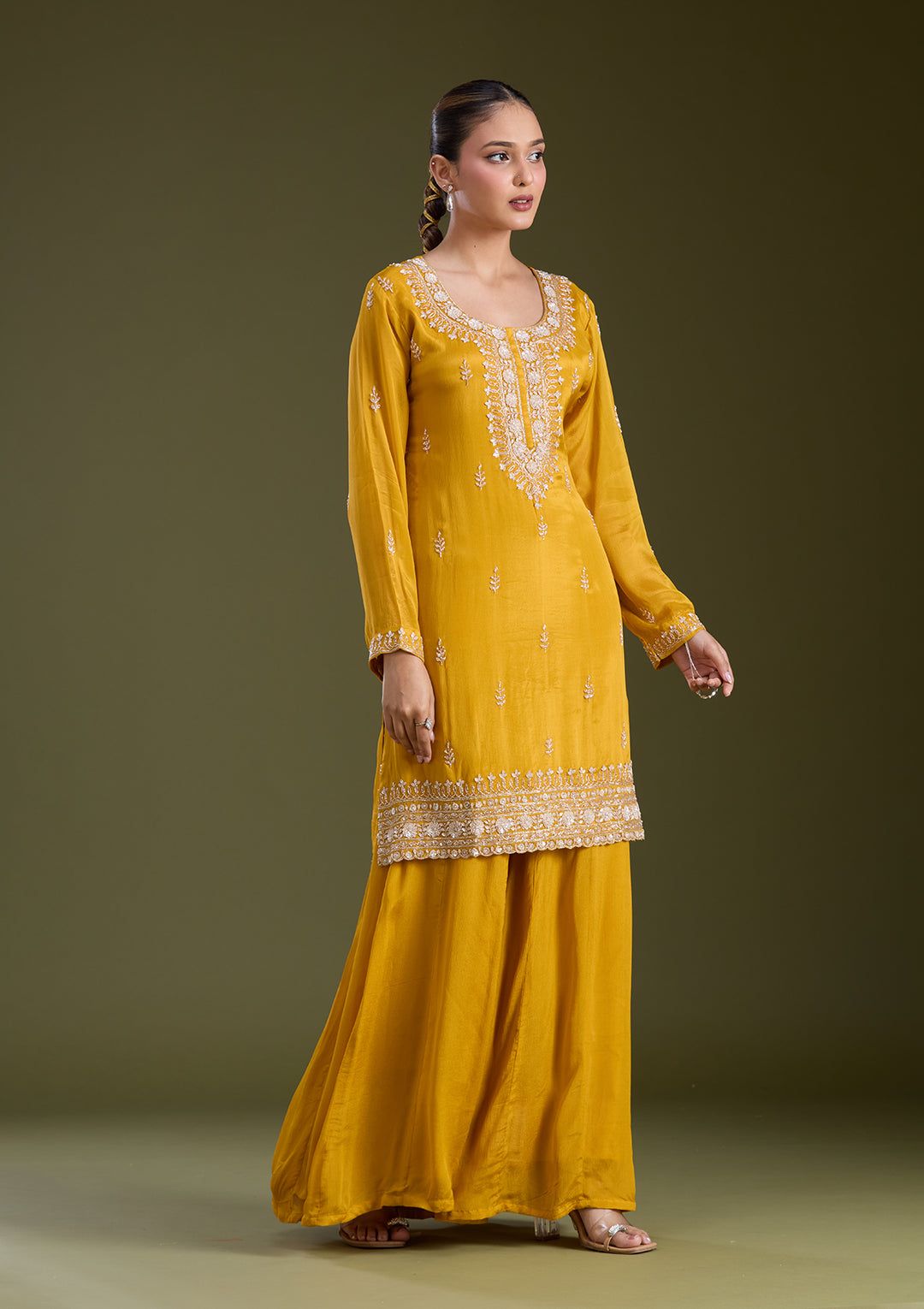 Mustard Yellow Sequins Soft Raw Silk Readymade Salwar Suit