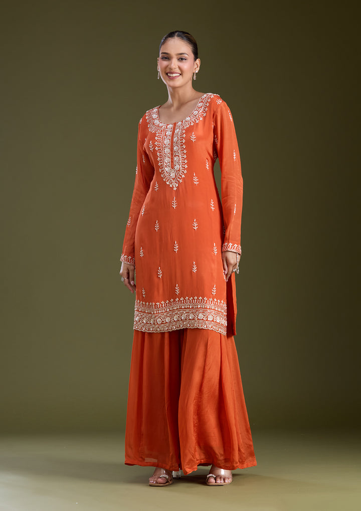 Orange Sequins Soft Raw Silk Readymade Salwar Suit