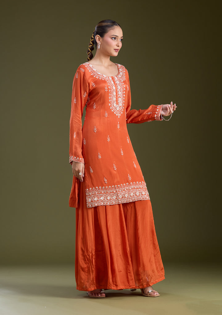 Orange Sequins Soft Raw Silk Readymade Salwar Suit