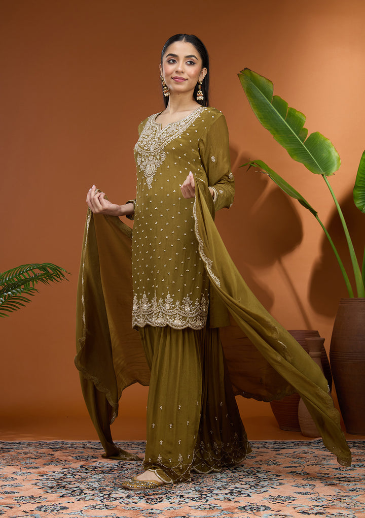 Mehandi Green Sequins Soft Raw Silk Readymade Salwar Suit