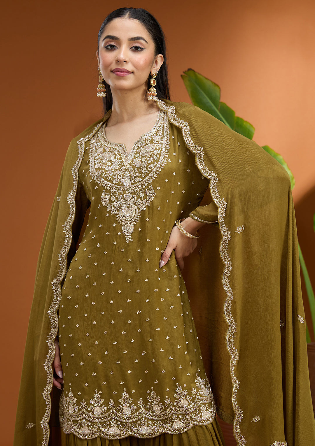 Mehandi Green Sequins Soft Raw Silk Readymade Salwar Suit