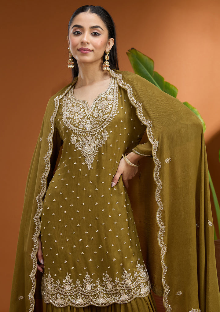 Mehandi Green Sequins Soft Raw Silk Readymade Salwar Suit