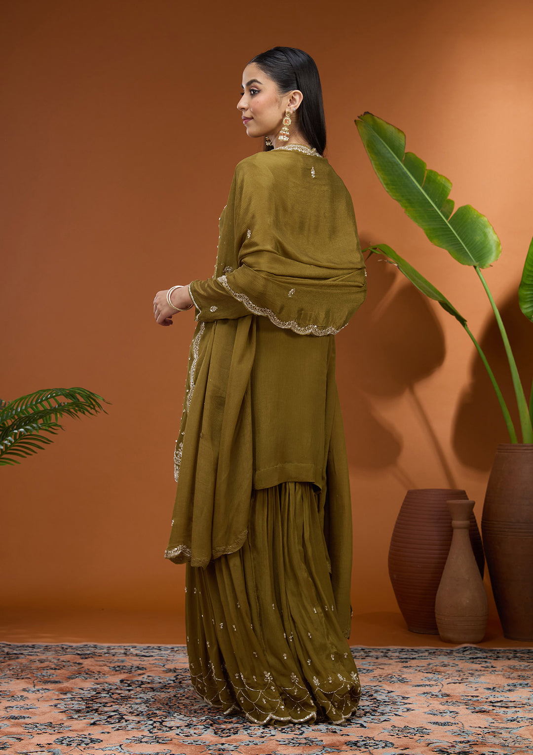 Mehandi Green Sequins Soft Raw Silk Readymade Salwar Suit