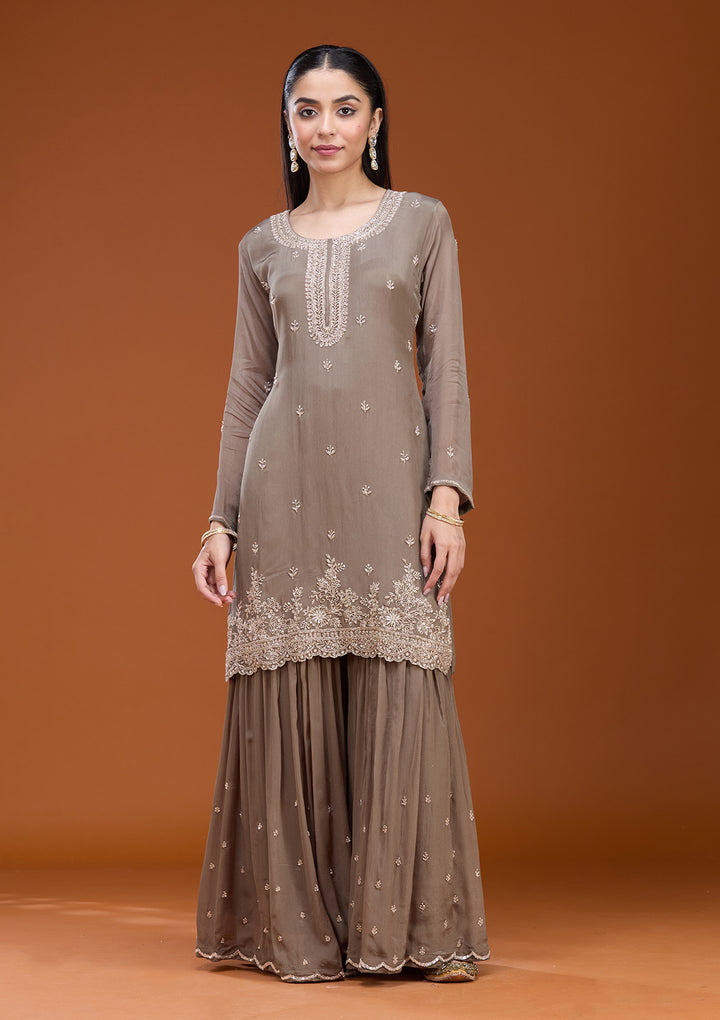 Dark Grey Sequins Soft Raw Silk Readymade Salwar Suit