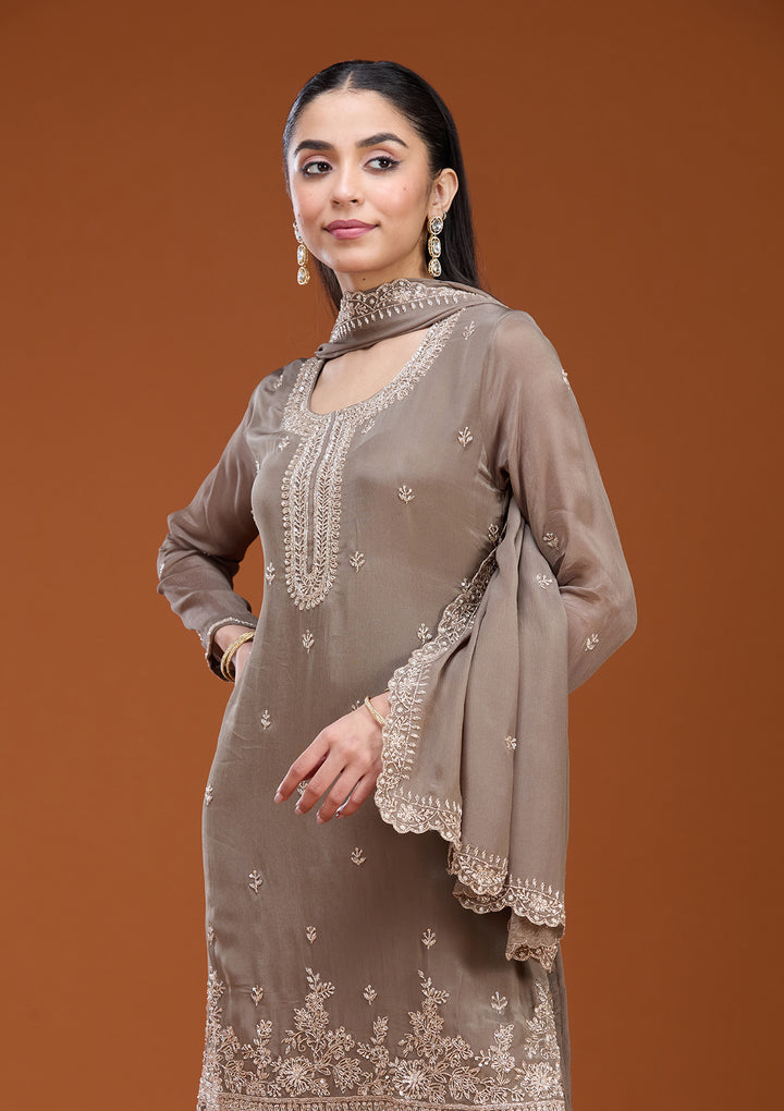Dark Grey Sequins Soft Raw Silk Readymade Salwar Suit