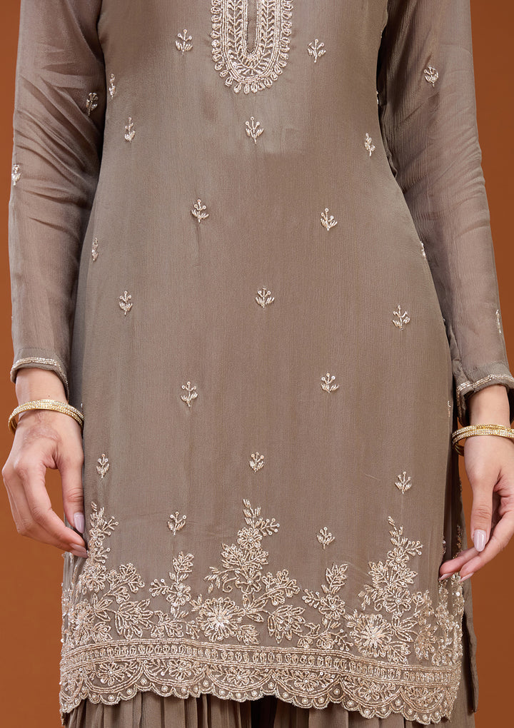 Dark Grey Sequins Soft Raw Silk Readymade Salwar Suit