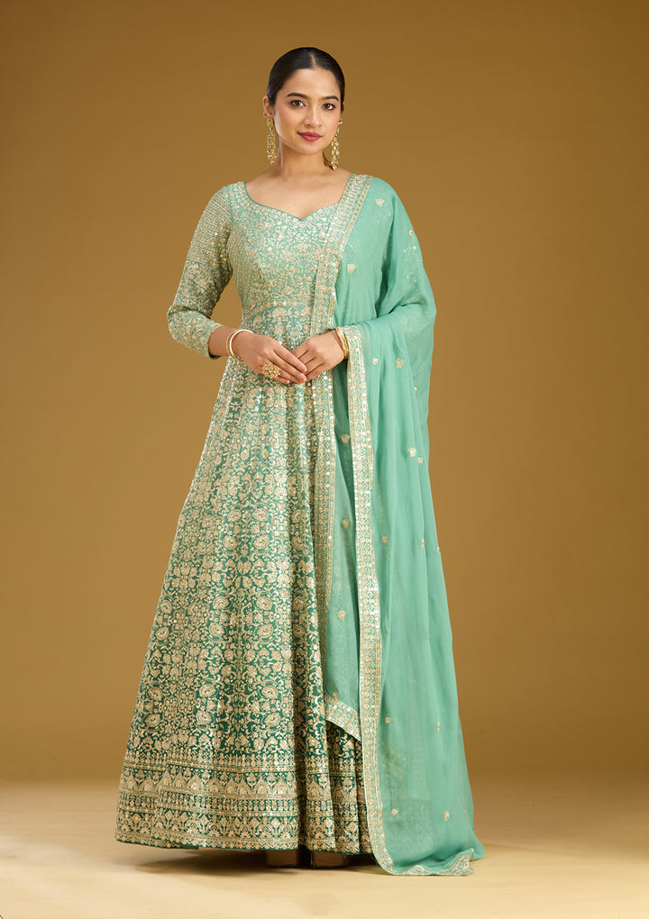 Sea Green Zariwork (Gold) Crepe Readymade Salwar Suit
