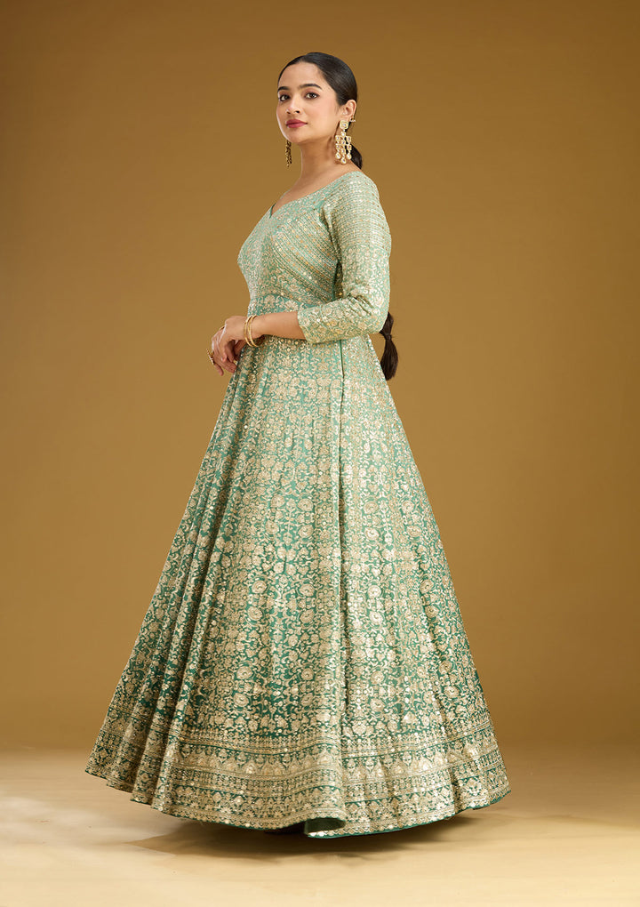 Sea Green Zariwork (Gold) Crepe Readymade Salwar Suit