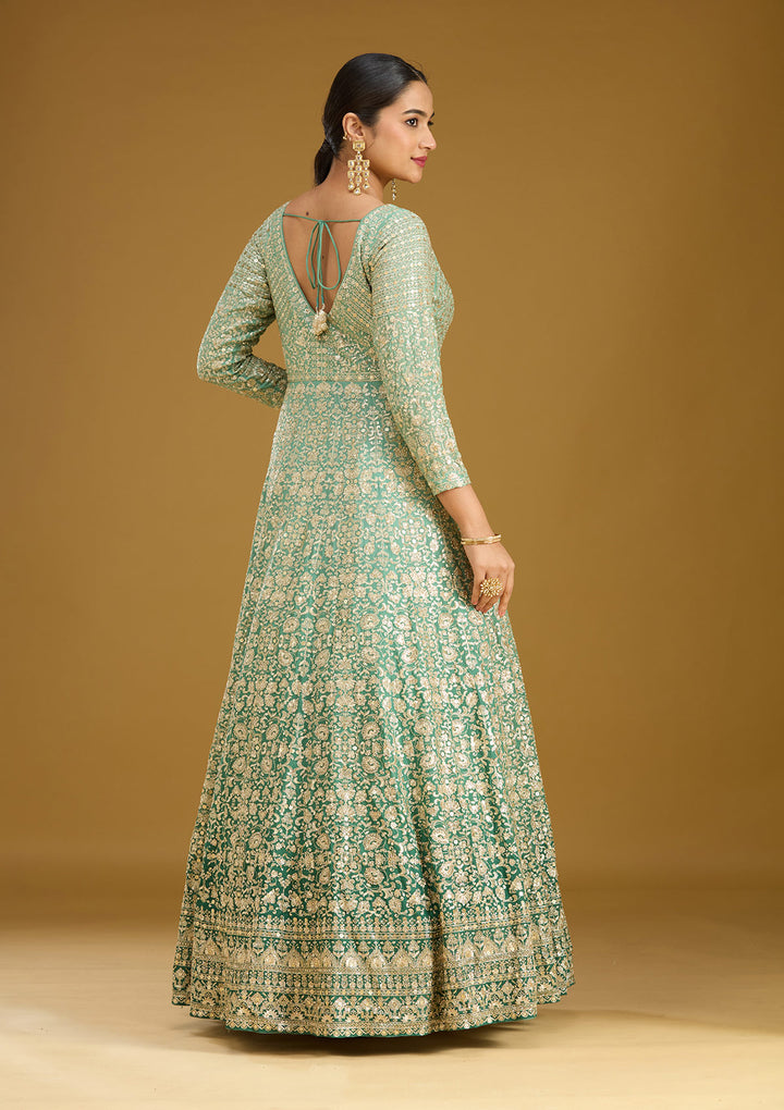 Sea Green Zariwork (Gold) Crepe Readymade Salwar Suit