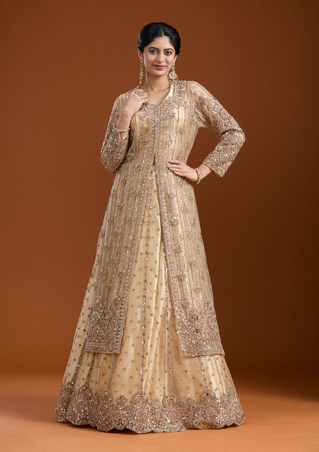 Beige Sequins Net Readymade Salwar Suit