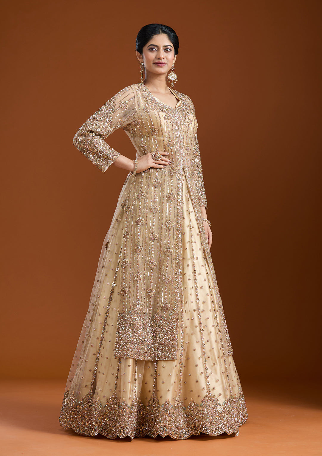 Beige Sequins Net Readymade Salwar Suit