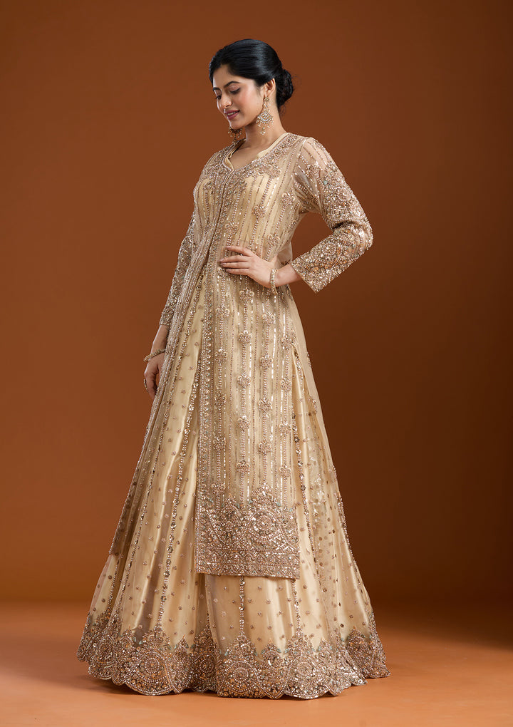 Beige Sequins Net Readymade Salwar Suit
