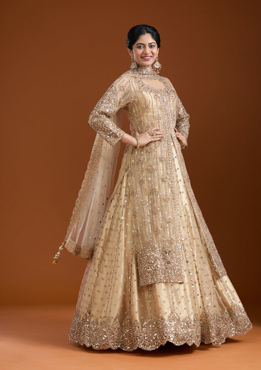Beige Sequins Net Readymade Salwar Suit
