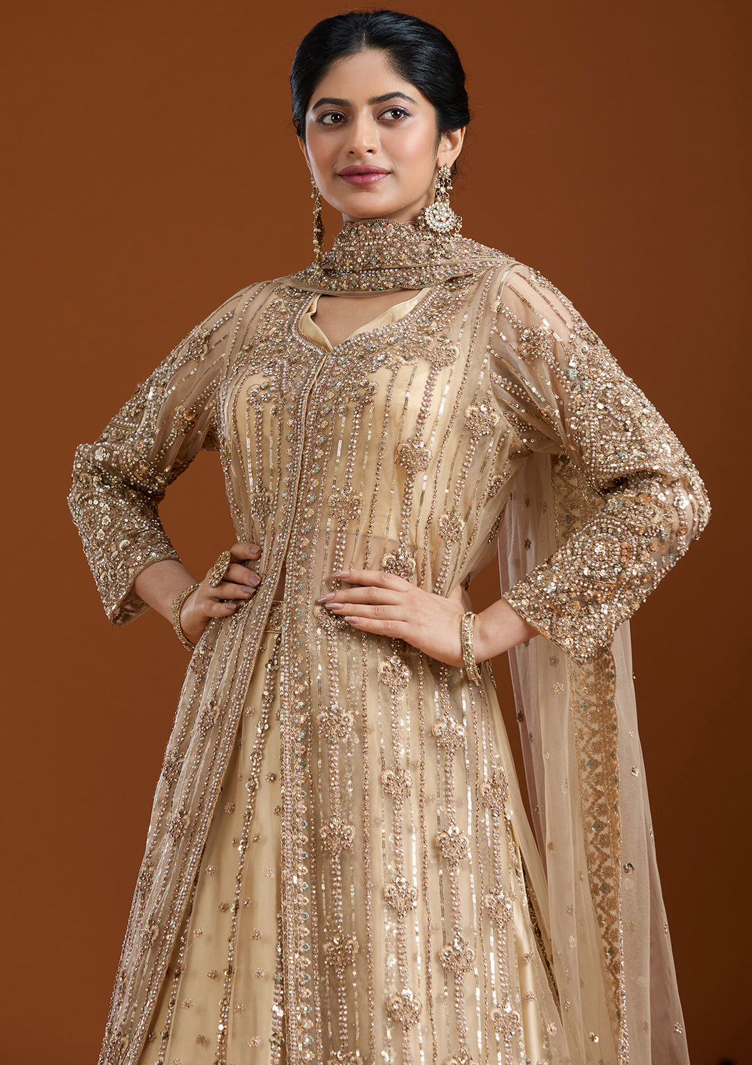 Beige Sequins Net Readymade Salwar Suit