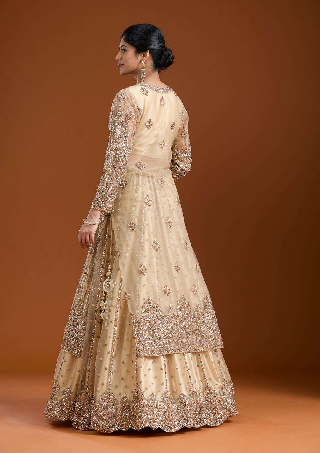 Beige Sequins Net Readymade Salwar Suit