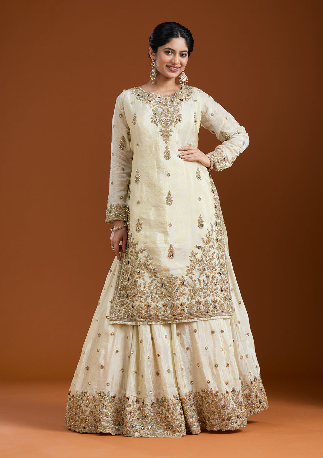 Off White Zariwork (Gold) Raw Silk Readymade Salwar Suit