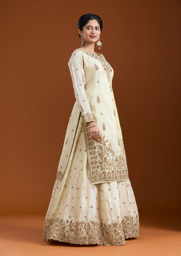 Off White Zariwork (Gold) Raw Silk Readymade Salwar Suit