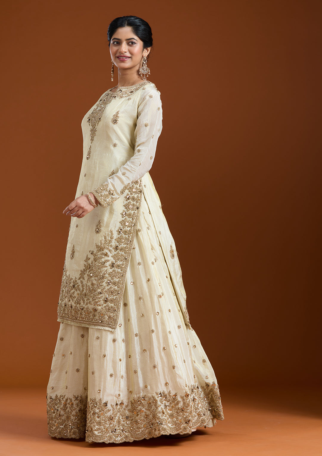 Off White Zariwork (Gold) Raw Silk Readymade Salwar Suit