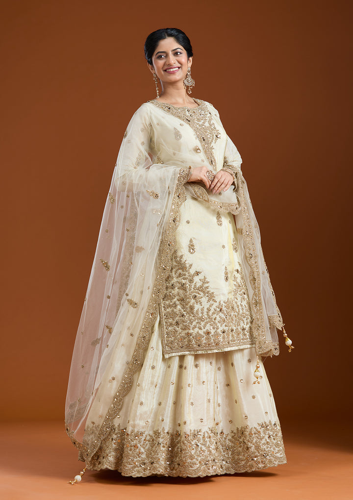 Off White Zariwork (Gold) Raw Silk Readymade Salwar Suit