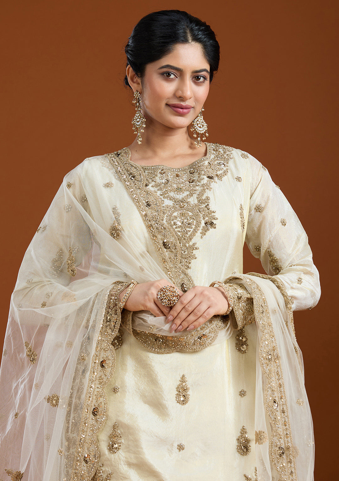 Off White Zariwork (Gold) Raw Silk Readymade Salwar Suit