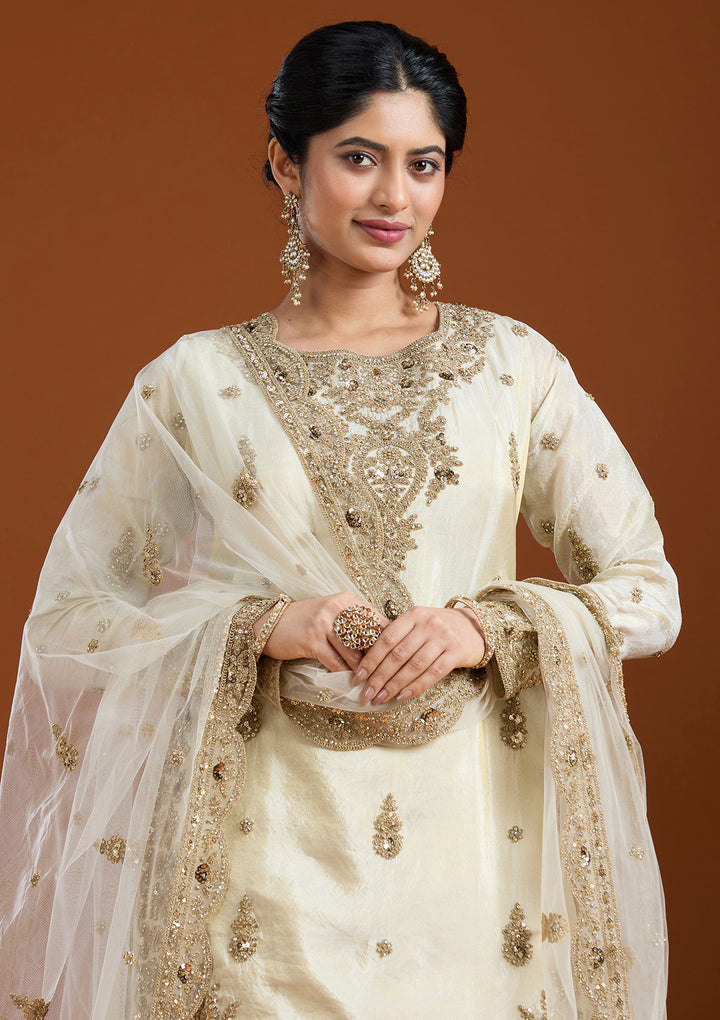 Off White Zariwork (Gold) Raw Silk Readymade Salwar Suit