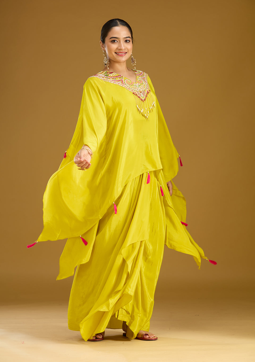 Yellow Threadwork Satin Readymade Salwar Suit