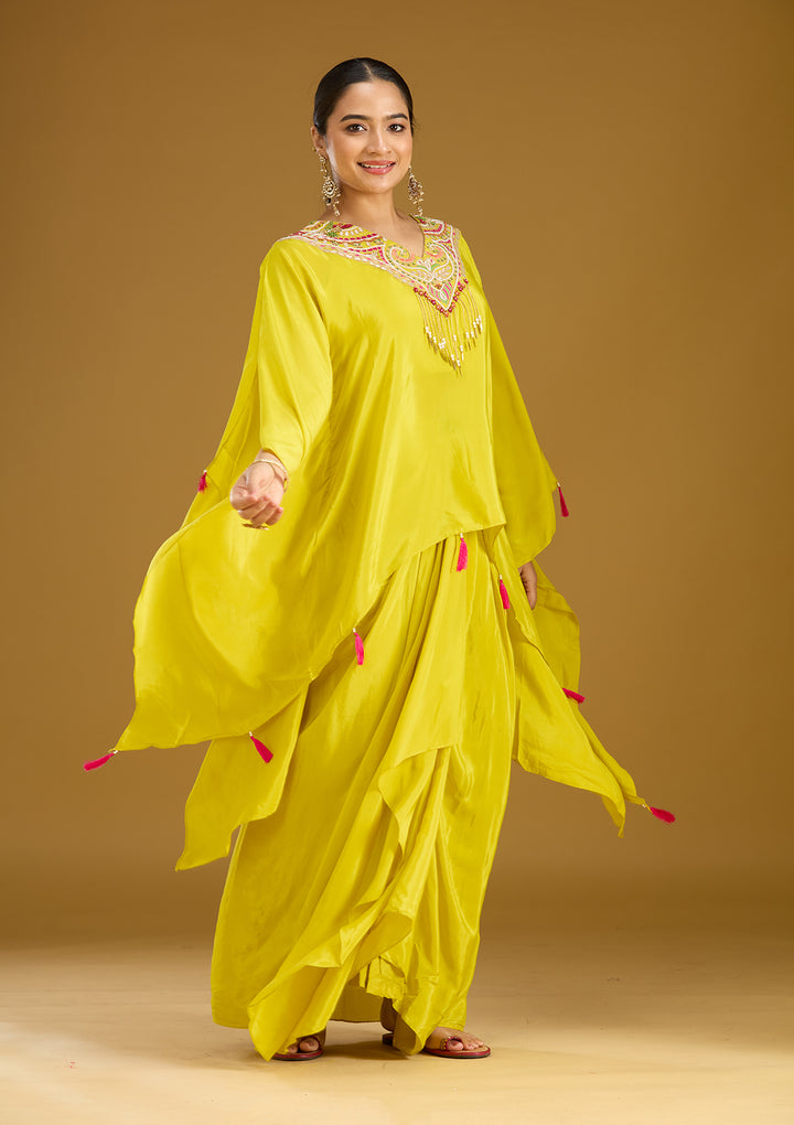 Yellow Threadwork Satin Readymade Salwar Suit