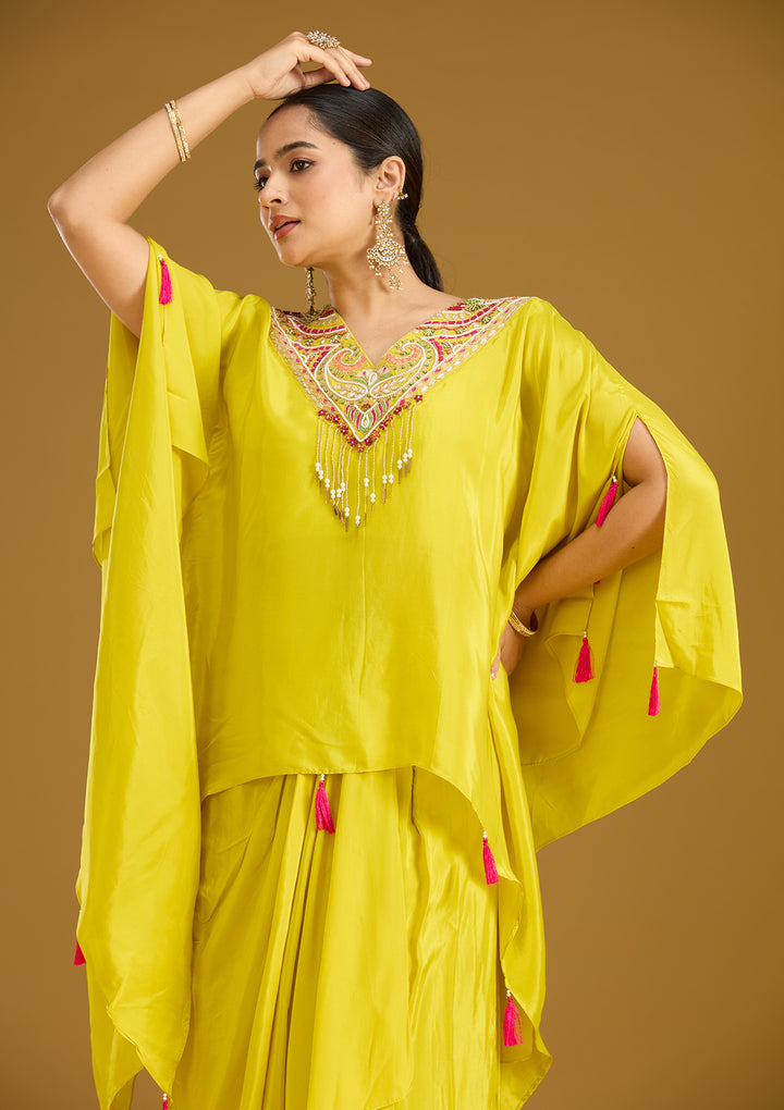 Yellow Threadwork Satin Readymade Salwar Suit