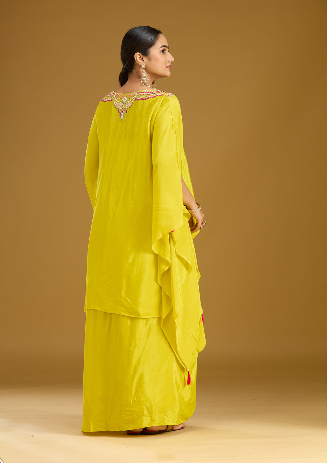 Yellow Threadwork Satin Readymade Salwar Suit